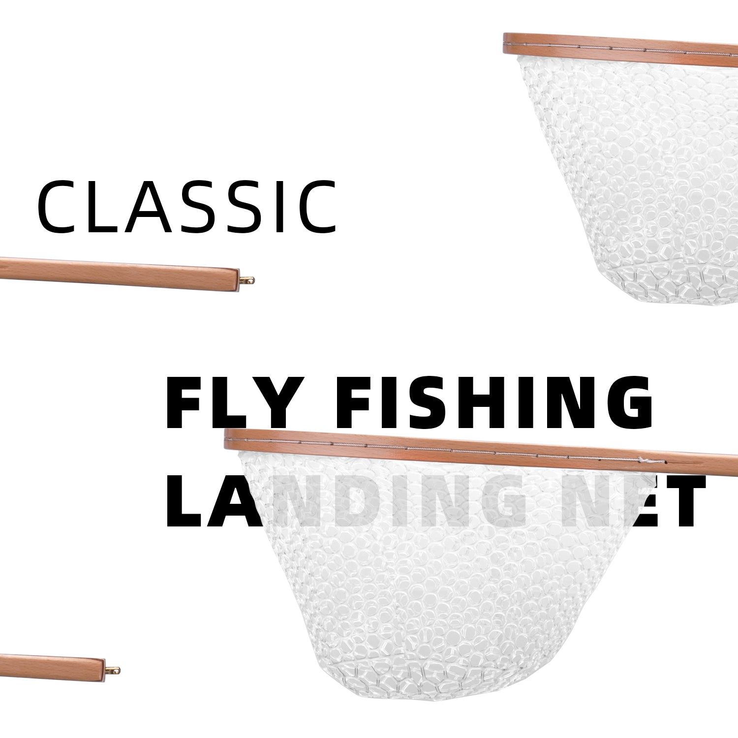 Kylebooker FN006 Fly Fishing Landing Net Wooden Frame Soft Rubber Mesh Trout Bass Catch and Release Net