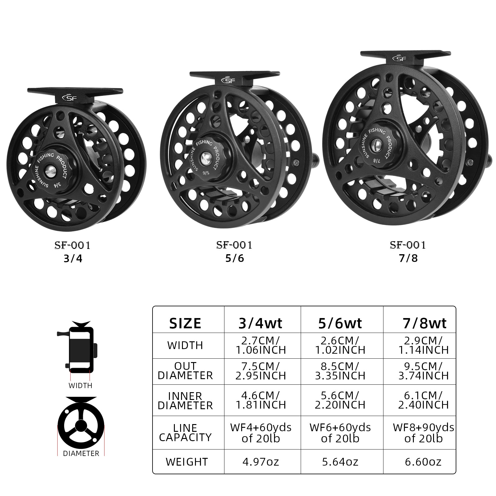 SF Large Arbor Fly Fishing Reel 3/4wt Aluminum Alloy Body Die-Cast Matt  Black Pre-Loaded Fly Reel with Line Combo