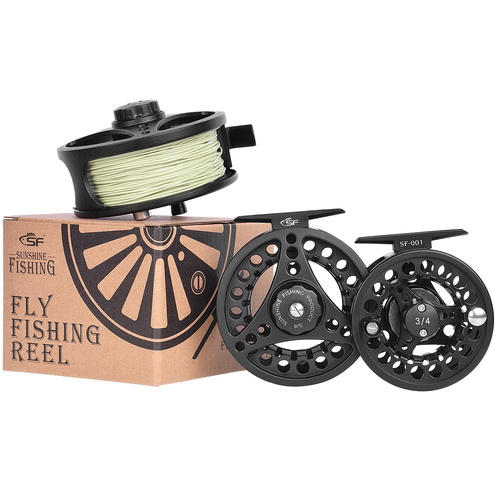 SF Large Arbor Fly Fishing Reel 3/4wt Aluminum Alloy Body Die-Cast Matt  Black Pre-Loaded Fly Reel with Line Combo