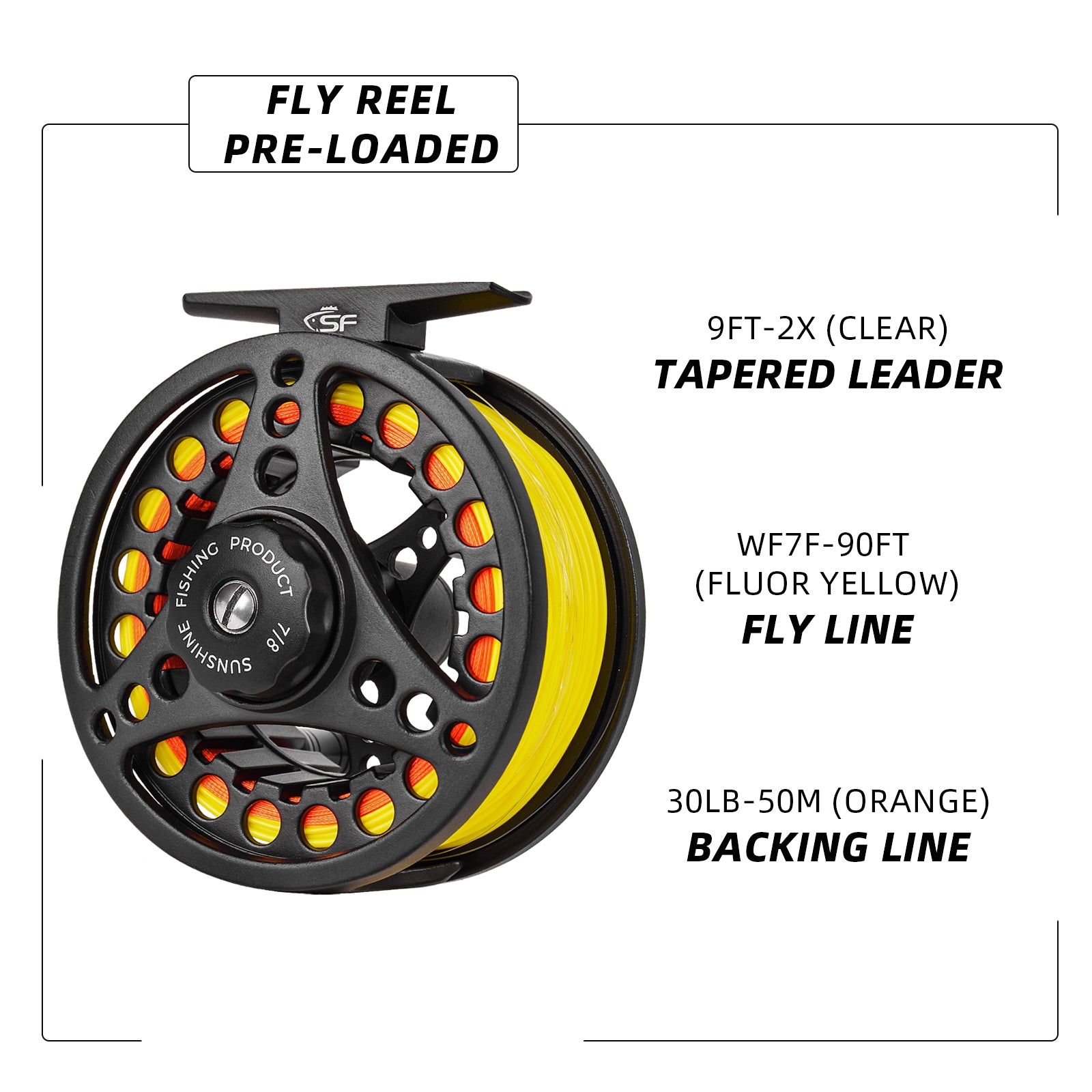 SF Large Arbor Fly Fishing Reel 7/8wt Aluminum Alloy Body Die-Cast Matt  Black Pre-Loaded Fly Reel with Line Combo Fluorescent Yellow Fly Line