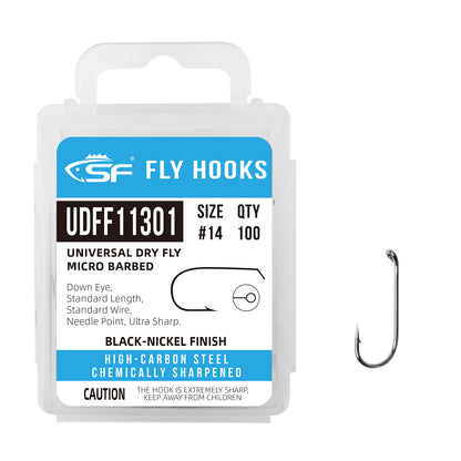 SF Standard Dry Fly Tying Hook Micro Barbed for Traditional Dry Flies with Mini Box #10 #12 #14 #16 100Pcs