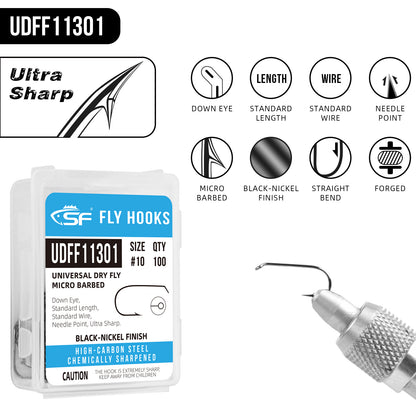 SF Standard Dry Fly Tying Hook Micro Barbed for Traditional Dry Flies with Mini Box #10 #12 #14 #16 100Pcs